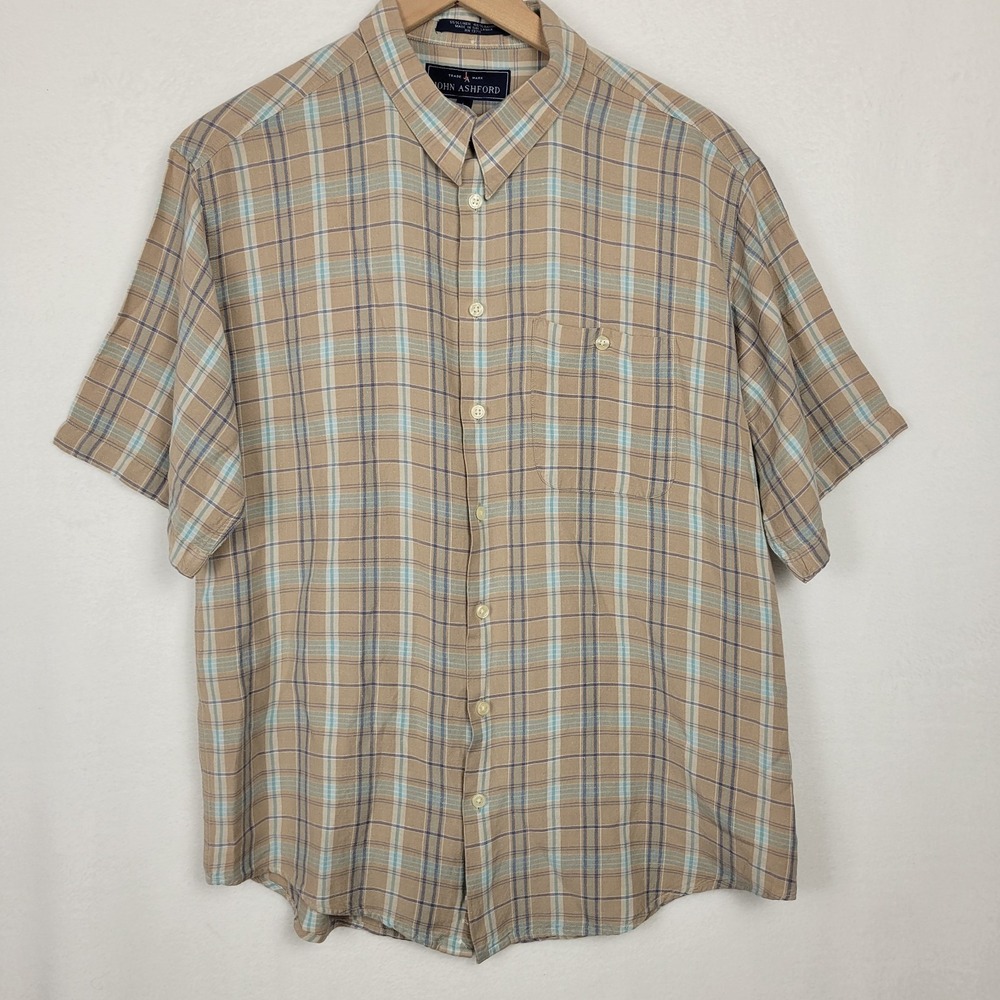 John Ashford Mens Large Shirt Short Sleeve Tan Blue Plaid Linen Rayon Blend L